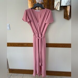 Fraiche by J High/Low Faux Wrap Dress S Pink Surplice V-Neck Tie Waist